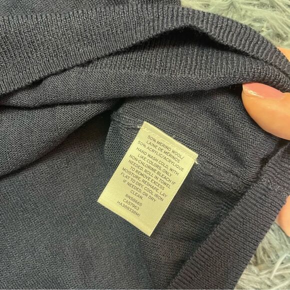 Halogen Navy Puff Sleeve Merino Wool Sweater Size M - Picture 3 of 6